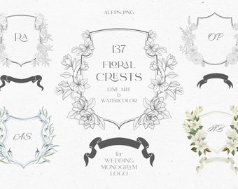 Wedding Crests, Watercolor, Line Art, Floral, Frames, Monogram, Clipart, Flower, Dahlia, Rose, Peony, Magnolia, Wild Flowers, Greenery, PNG