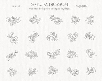 Sakura Blossom Cherry Branches Floral Clipart Botanical Logo Flower Line Art Decoration Birthday Wedding Instagram Highlights Leaf PNG SVG