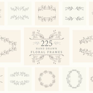 Hand Drawn Floral Frames Border Monograms Clipart Flowers Leaves Botanical Wedding Wreath Logo Illustration Line Art Set Digital PNG SVG