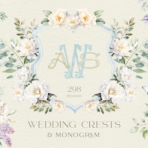 Wedding Crests, Monogram, Letters, Alphabet, Logo, Floral, Frame, Rose, Peony, Label, Aster, Lily, Flower, Iris, Green Branch, Birthday, PNG