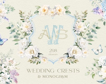 Wedding Crests, Monogram, Letters, Alphabet, Logo, Floral, Frame, Rose, Peony, Label, Aster, Lily, Flower, Iris, Green Branch, Birthday, PNG