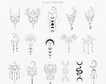 Moon Clipart Crystal Phases Botanical Floral Crescent Lunar Flowers Magic Print Spiritual Witch Tattoo Logo Astrology Yoga Cosmic PNG SVG