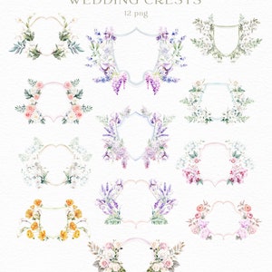 Armoiries de mariage, fleurs, aquarelle, clipart floral, lys calla, pavot, glycine, lys, orchidée, lilas, iris, lavande, pivoine, rose, feuille PNG
