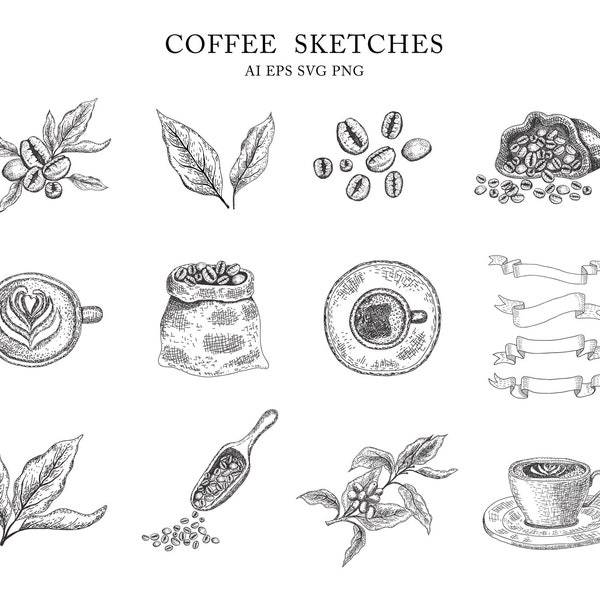 Coffee Hand Drawn Sketches Graphic Clipart Emblem Logo Poster Card Print Decor Vintage Drink Shop Collection Illustration SVG Set Vector PNG