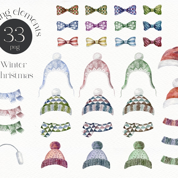 Watercolor Winter Clothing Clipart Christmas Xmas Holiday Scarf Warm Cloth Digital Art Bow Hat Headphones Colorful Santa Claus Clip Art Png