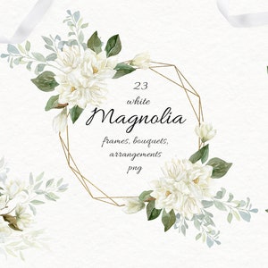 Aquarell Clipart Weiße Magnolie Blumenrahmen Blumensträuße Zweige Arrangements Blätter Hochzeit Set Kristall Gold Karte Aquarell Digital PNG