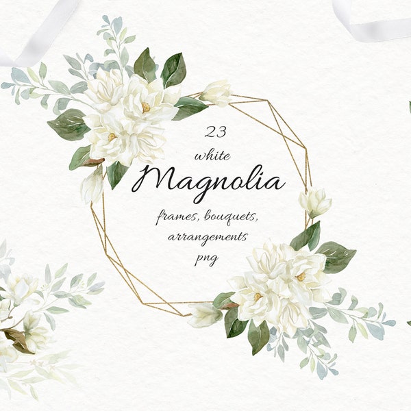 Watercolor Clipart White Magnolia Flower Frames Bouquets Branches Arrangements Leaves Wedding Set Crystal Gold Card Aquarelle Digital  PNG