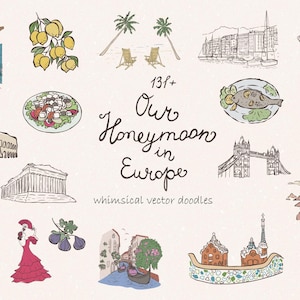 Puede incluir: Garabatos vectoriales caprichosos con temas de viajes europeos. Incluye ilustraciones de la Torre Eiffel, el Coliseo, el Tower Bridge y una góndola. El texto dice "Our Honeymoon in Europe."