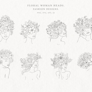 Mulheres Menina Cabeça Rosto Floral Folha Flores Planta Botânico Moda Clipart Silhueta Cabelo Mão Desenhada Tatuagem Logotipo Vetor Uma Linha Arte PNG SVG