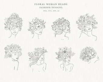 Women Girl Head Face Floral Leaf Flowers Plant Botanical Fashion Clipart Silhouette Hair Hand Drawn Tattoo Logo Vector One Line Art PNG SVG