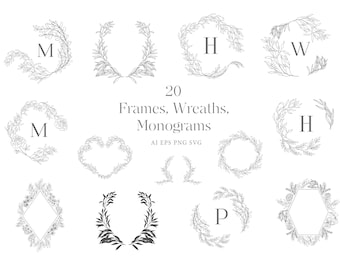 Hand Drawn Floral Frames Border Monograms Clip Clipart Flowers Leaf Plants Botanical Wedding Wreath Logo Illustration Line Art Set PNG SVG