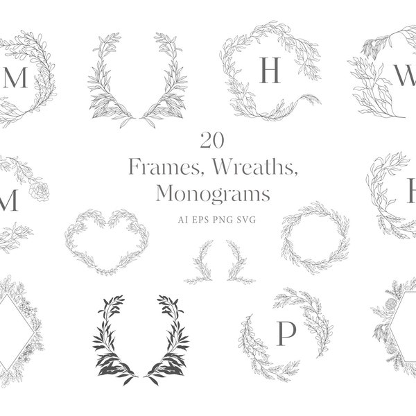 Hand Drawn Floral Frames Border Monograms Clip Clipart Flowers Leaf Plants Botanical Wedding Wreath Logo Illustration Line Art Set PNG SVG