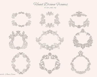 May include: A collection of nine hand-drawn, ornate frames in a vintage style. The frames are in various shapes, including oval, square, and rectangular, with intricate floral and scrollwork details. The text "Hand Drawn Frames" is at the top.
