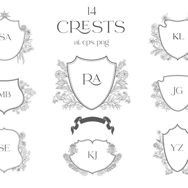 Wedding Crests, Floral, Frames, Clip Art, Border, Monogram, Clipart, Flowers, Leaf, Protea, Lotus, Calendula, Greenery, Ribbons, Logo, PNG