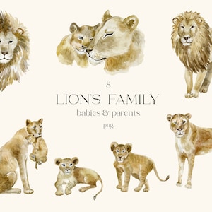 Leão aquarela, Leoa, Filhote de leão, Clipart, Animais, Bebês, Família, África, Safari, Tropical, Zoológico, Selva, Clip art, Mamíferos, Selvagem, PNG