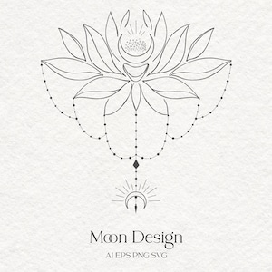 Loto, Fiore, Luna, Fasi, Clipart, Floreale, Lunare, Magia, Spirituale, Tatuaggio, Logo, Astrologia, Yoga, Cosmico, Linea arte, Vettore, PNG, SVG