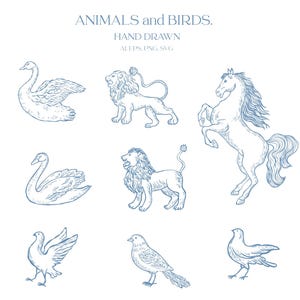 Tiere Clipart, Vogel, Clipart, Schwan, Pferd, Löwe, Natur, Symbol, Etikett, Skizze, Linie Kunst, Handgezeichnet, Vektor, PNG