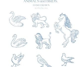 Animals Clipart, Bird, Clipart, Swan, Horse, Lion, Nature, Icon,  Label, Sketch, Line art, Hand drawn, Vector, SVG
