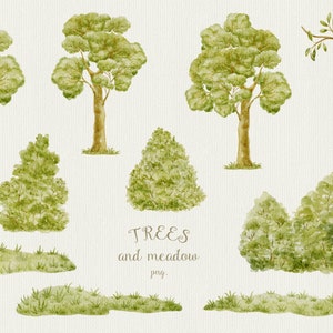 Tree, Bushes, Clipart, Watercolor, Green Trees, Nature, Summer, Meadow, Spring, Grass, Leaves, Greenery, Forest, Clip Art, PNG