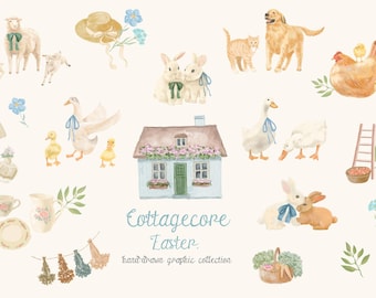 Clipart de Pascua, Clipart de Conejito, Cottagecore, Flores, Animales de Granja, Marcos, Clipart Fantástico, Festividades, Invitación, Baby Shower, Arte Mural