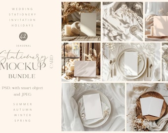 Maqueta de invitaciones de boda, maqueta de tarjeta de invitación minimalista estilo boho, PSD con objeto inteligente, menú, papelería, tarjeta de felicitación, paquete de maquetas de tarjetas en blanco