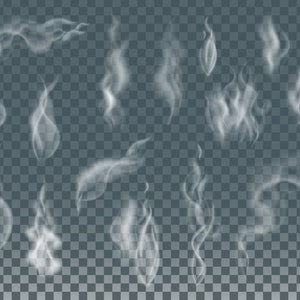 Könnte beinhalten: Eine Sammlung von zarten, weißen Rauchelementen in verschiedenen Formen und Größen, vor einem transparenten, karierten Hintergrund. Der Rauch scheint aufzusteigen und sich zu wirbeln, wodurch ein dynamischer und ätherischer Effekt entsteht.