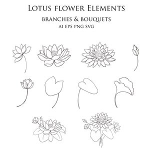 Botanico Lotus Clipart disegnato a mano Elementi floreali Foglie Fiore Yoga Fogliame Ramo Una linea Arte Decorare Vettoriale Logo Set PNG EPS SVG ai