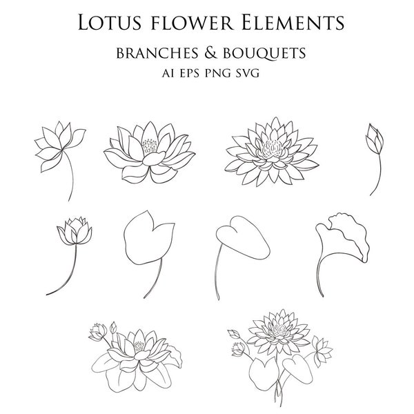 Botanical Lotus Clipart Hand Drawn Floral Elements Leaves Flower Yoga Foliage Branch One Line Art Decorate Vector Logo Set PNG EPS SVG ai