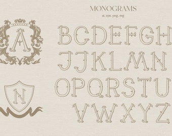 Monogram, Letters, Alphabet, Logo, Wedding, Victorian, Curly, Label, Vintage, Clipart, PNG, SVG