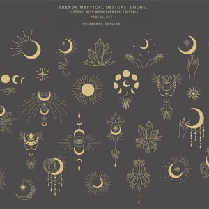 Fases lunares Cristal solar Celestial Clipart Floral Mano Flor Lunar Magia Bruja Ojo Espiritual Loto Tatuaje Logotipo Astrología Yoga Cósmico PNG SVG