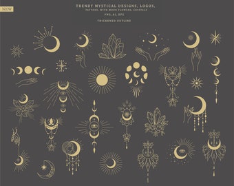 May include: A set of 25 gold outline illustrations of mystical designs, logos, and tattoos featuring moons, stars, crystals, and flowers. The illustrations are on a dark gray background.