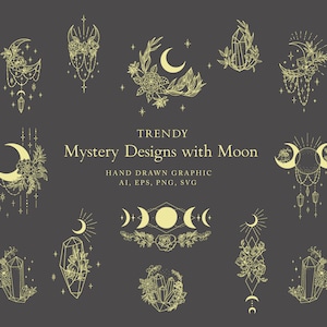 Clipart lune phases de cristal botanique floral feuilles fleur lunaire plante magique branche spirituelle tatouage Logo astrologie yoga cosmique or SVG