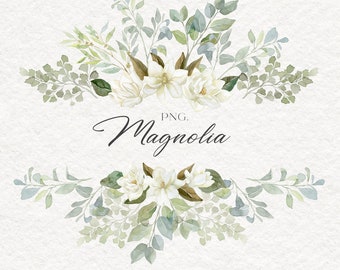 Magnolia, Watercolor,  Clipart, White, Flower, Frame,  Border, Branches, Eucalyptus, Green, Greenery, Leaves, Wedding, Card, Digital, PNG