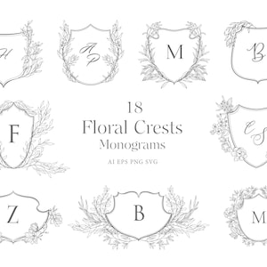 Floral Frames Clip Art Border Monogram Crests Clipart Flowers Leaf Peony Botanical Wedding Logo Vintage Illustration Line Art Cricut PNG SVG