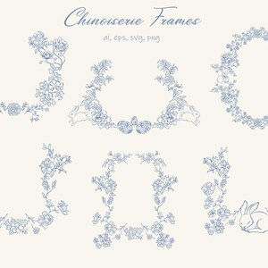 Toile de Jouy, cadre, clipart de chinoiseries, clipart Pâques, fleurs, lapin, mariage, vintage, clipart, oeufs d'ornement, carte d'invitation de vacances