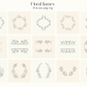 Hand Drawn Floral Frames Border Monograms Clipart Flowers Leaves Botanical Wedding Wreath Logo Illustration Line Art Set Digital PNG SVG