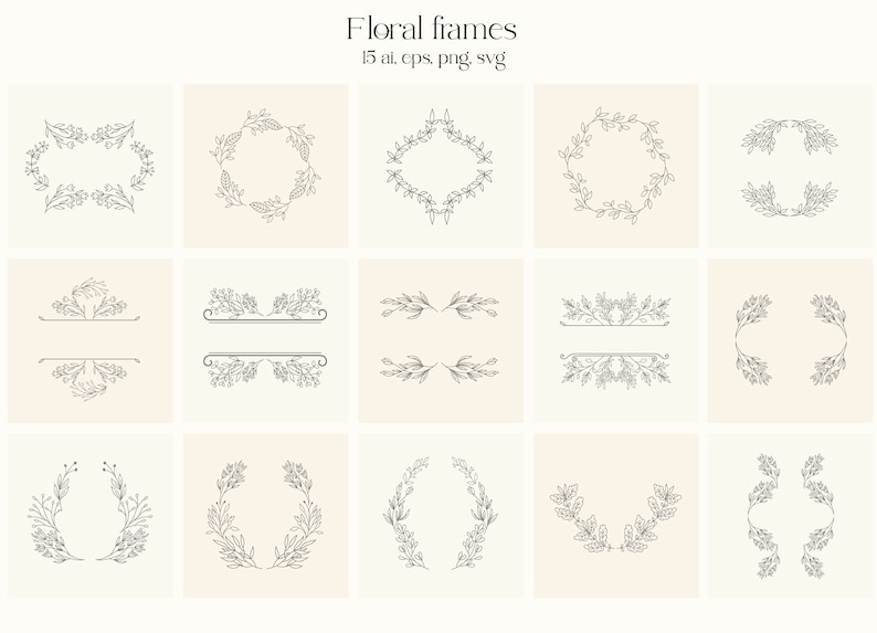 Download Clip Art Hand Drawn Floral Frames Border Monograms Clipart Flowers Leaves Botanical Wedding Wreath Logo Illustration Line Art Set Digital Png Svg Art Collectibles