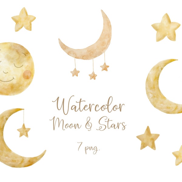 Watercolor Moon, Watercolor Crescent, Watercolor Star, Watercolor Clipart, Celestial, Magical, Astrology, PNG