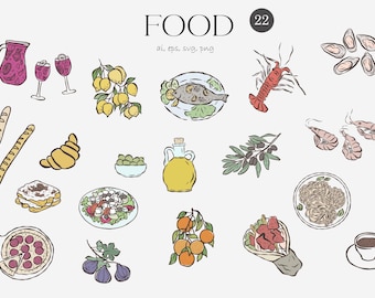Imágenes prediseñadas de comida, Mediterráneo, Bebidas, Dolce Vita, Panadería, Pizza, Pasta, Frutas, Limón, Pescado, Aceituna, Mariscos, Garabatos caprichosos, Naranja, PNG