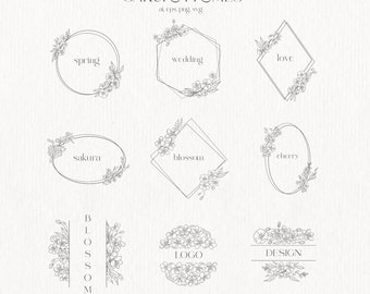 Sakura Blossom Cherry Floral Frames Clipart Border Flower Line Art Wedding Birthday Spring Valentines Day Branches Leaves Romantic PNG SVG