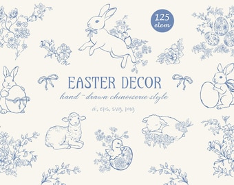 Clipart de Pascua, Conejito, Toile de Jouy, Flores, Cordero, Marcos, Chinoiserie, Animales, Huevo, Logotipo, Garabatos, Festividad, Icono, Invitación