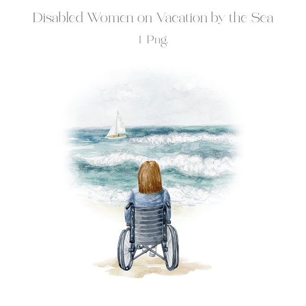 Disabled, Woman, Beach, Holiday, Wheelchair, Clipart, Travel, Wanderlust, Watercolor, Vacation, People, Sky, Sea, Ocean, Poster, Clouds, PNG