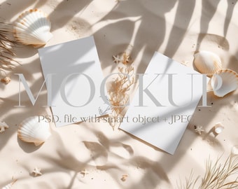 Maqueta de dos tarjetas, maqueta de invitaciones de boda, maqueta de tarjeta de invitación bohemia minimalista, objeto inteligente PSD, maqueta de tarjeta de playa, maqueta de vacaciones