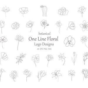 Botanica Clipart Disegnata a mano Rosa Floreale Loto Orchidea Magnolia Fiori Matrimonio Pianta Linea Arte Logo Branding Collezione Vector Set PNG SVG