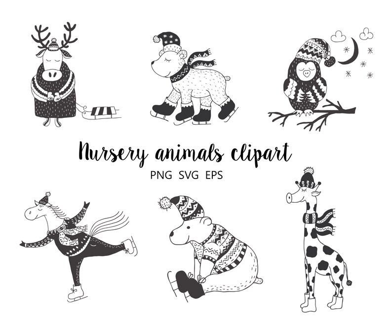 Nursery Animals Clipart Cartoon Woodland Cute Kids Baby Forest Deer Giraffe Bear Horse Owl Black White Scandinavian Vector Set Png Eps Svg Clip Art Art Collectibles Delage Com Br