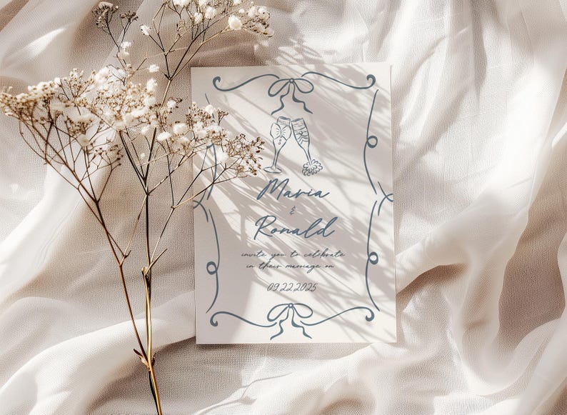 Puede incluir: Una invitaci&oacute;n de boda con borde y texto azules. La invitaci&oacute;n presenta dos copas de champ&aacute;n y los nombres "Maria & Ronald". Tambi&eacute;n se incluye la fecha "02.22.2025". Flores secas en primer plano.