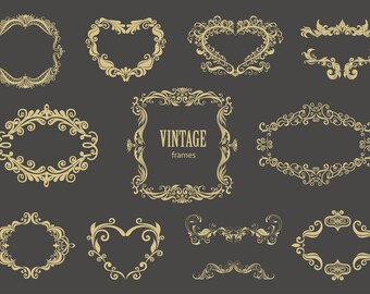 Vintage Frames Borders Heart Valentines Day Collection Floral Wedding Ornate Classic Vector Retro Set Holiday Digital Clipart PNG EPS SVG