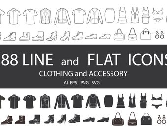 Iconos de imágenes prediseñadas de ropa Indumentaria Zapatos Tela Moda Etiqueta Silueta Compras Logotipo Niños Adulto Signo Vector Accesorios PNG EPS SVG Negro