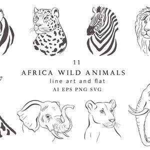 Africa Animals Clipart Safari Giraffe Tiger Lion Elephant Zebra Leopard Cheetah Panther Jungle Line Art Logo Vector Zoo Wild PNG EPS SVG ai
