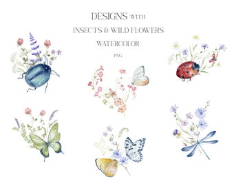 Butterfly, Beetles, Dragonfly, Lady bag, Wild Flowers, Watercolor, Clipart, Insects, Pansies, Сlover, Mouse peas, Bindweed, Meadow, PNG